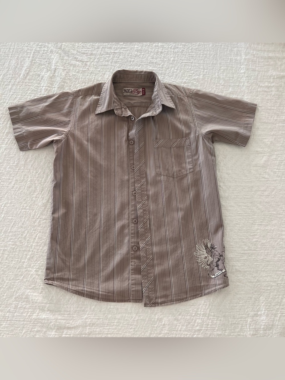 XG Prep Boy’s  Small Taupe Striped Short Sleeve Button Up Shirt